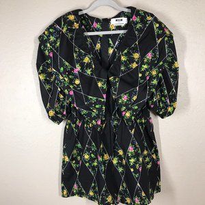 MSGM Black Diamond Floral Print Large Collared Neckline Puff Sleeve Romper